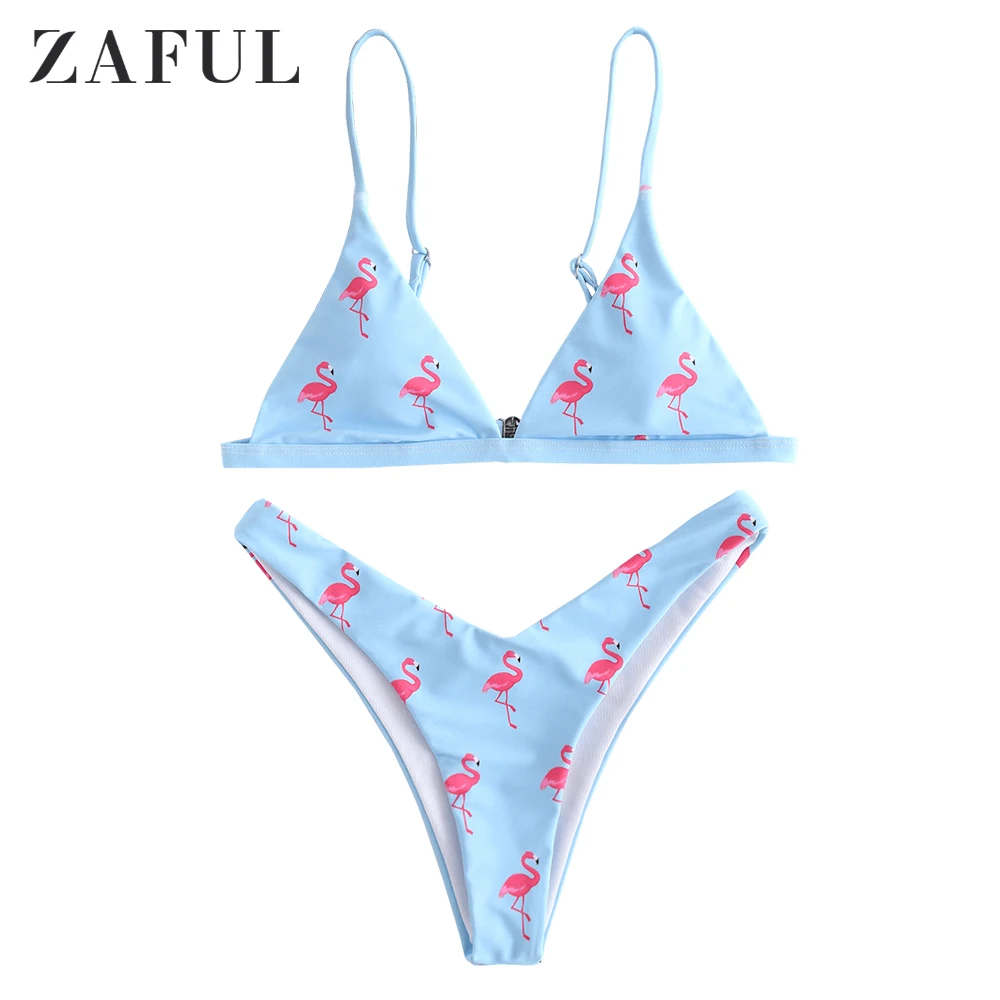 

ZAFUL Sexy Swimwear Women Straps Bikini Set Flamingo Print Push Up Padded Swimsuit Low Waist Bathing Beachwear Biquini Swimsuit