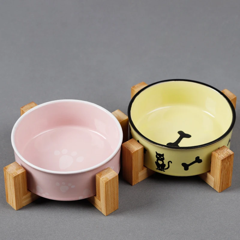

Creative Pets Bowl Dog Cat Food Water Feeder Puppy Ceramic Drinking Dish Bowl With Wooden Rack Pet Tableware Case Accessories