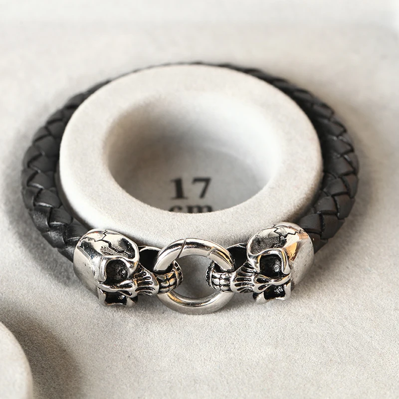 Mcllroy bracelets leather braided titanium steel double skeleton vintage style bangles man jewelry bracelet pulseira masculina