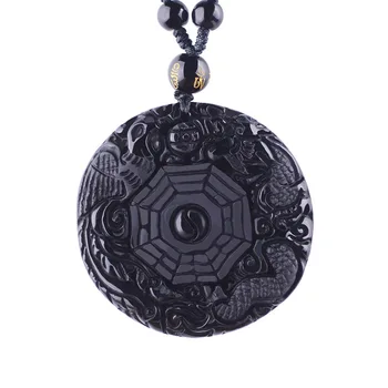 

WAN natural Black stone Dragon phoenix Tai Chi Gossip Pendant Men necklace Female amulet Jewelry