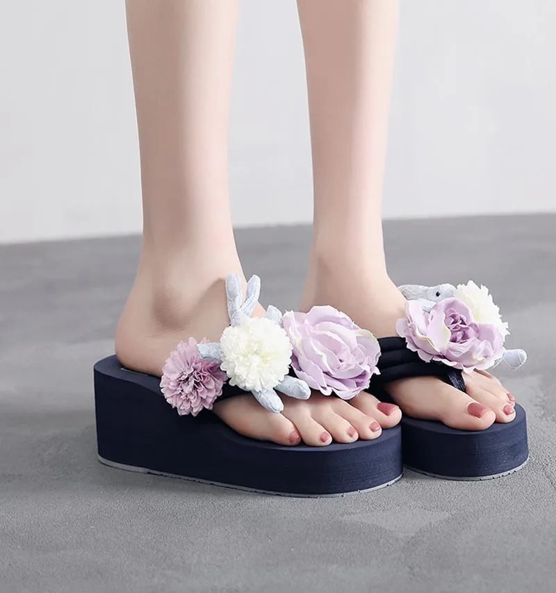 AShwin цветы сандалии на танкетке модные летние женские вьетнамки пляжные тапки-шлепанцы милые цветочные леди обувь тапочки мюли