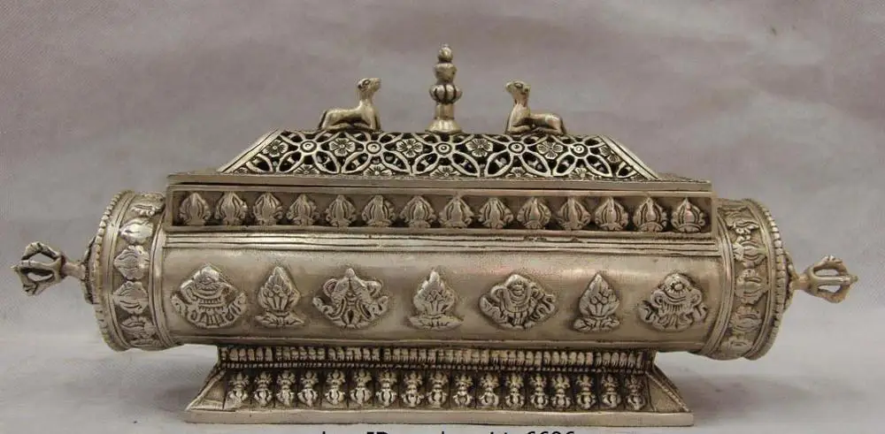 

Tibet Buddhism White Copper Silver Eight treasures Palace Incense Burner Censer