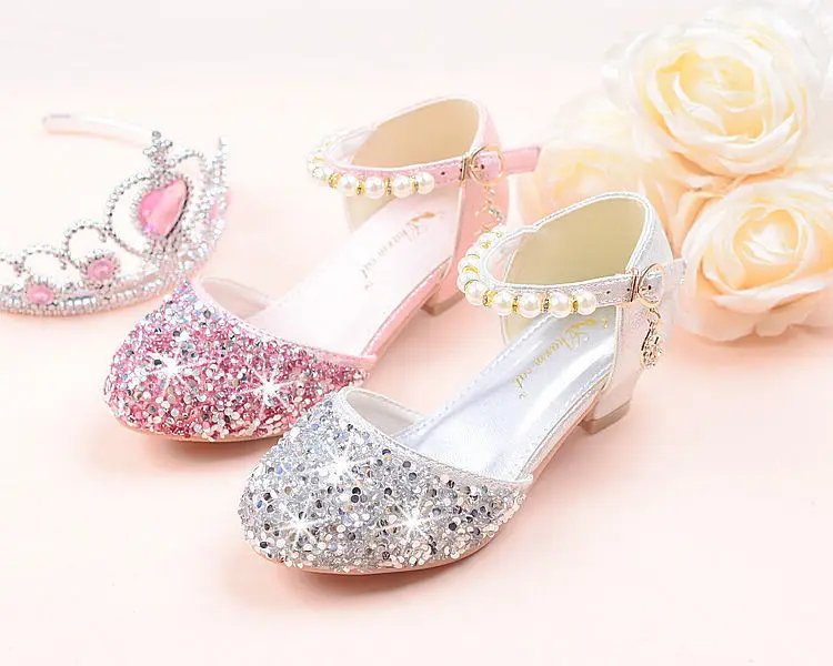 Contas de Cristal Sapatos de Dança de Salto Crianças Menina Sapatos Meninas Alto Festa Princesa Tamanho 26-38 Tira Rosa Gzx03 14 Crianças menina contas de cristal sapatos meninas
