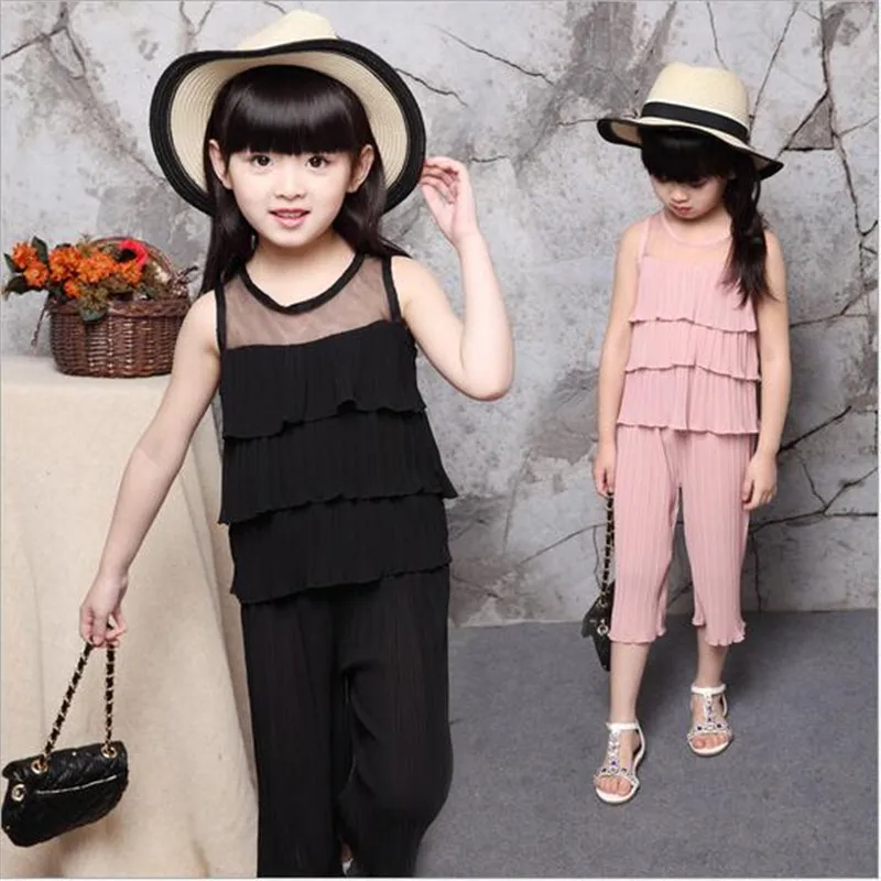 

New Baby Girls Summer Chiffon Children's Set Girls Fold Layered Sleeveless Top+Pants 2 Pieces Girls School Fashion Clothing Set