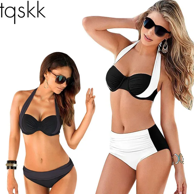 Special Price TQSKK 2018 Newest Sexy Bikinis Women Swimsuit High Waisted Bathing Suits Swim Halter Top Push Up Bikini Set Plus Size Swimwear