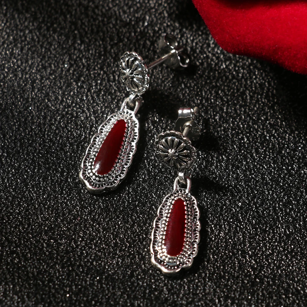 

1 Pair Women New Fashion Bohemia Style Jewelry Silver Plated Vintage Red Stone Earring Retro Wedding Party Hook Dangle Earrings