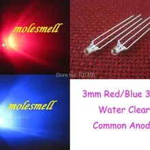 500 шт 3 мм двойной двухцветный красный/Синий Яркий 3-контактный светодиодный общий анодные светодиоды лампа 3 мм прозрачный 3 Pin R/B Led