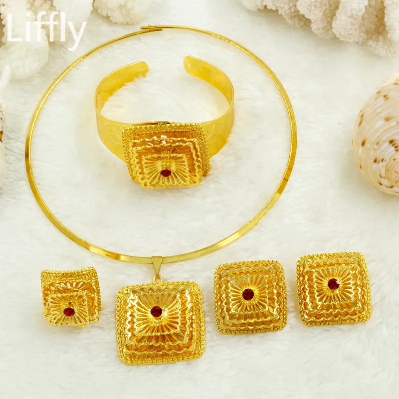 Wholesale Dubai High Quality Jewelry Sets Red Crystal Necklace Earring