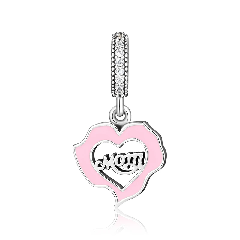 

100% 925 Sterling Silver Mom Love Charm,Pink Enamel & Clear CZ Beads for Jewelry Making Fit Charms Bracelets DIY PCKA021
