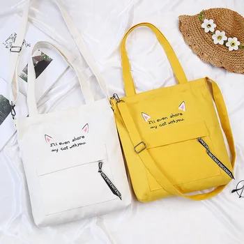

Fashion Cute Cats Ears Women Canvas Handbags Messenger Bags 2019 New Female Students School Bags Shoulder Bags