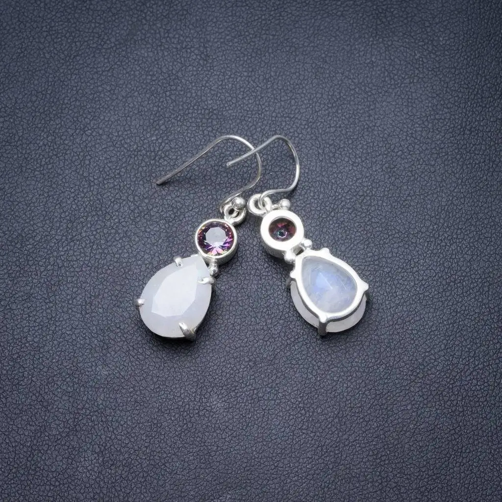 

Natural Rainbow Moonstone and Mystical Topaz Handmade Unique 925 Sterling Silver Earrings 1.25" Y3161