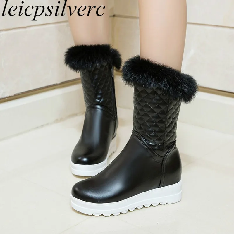

Women Boots Autumn Winter Med Heel Warm Pu Mid-calf Faux Fur Round Toe Snow Boots Zip 2019 New Sexy Fashion Black Size 34-43