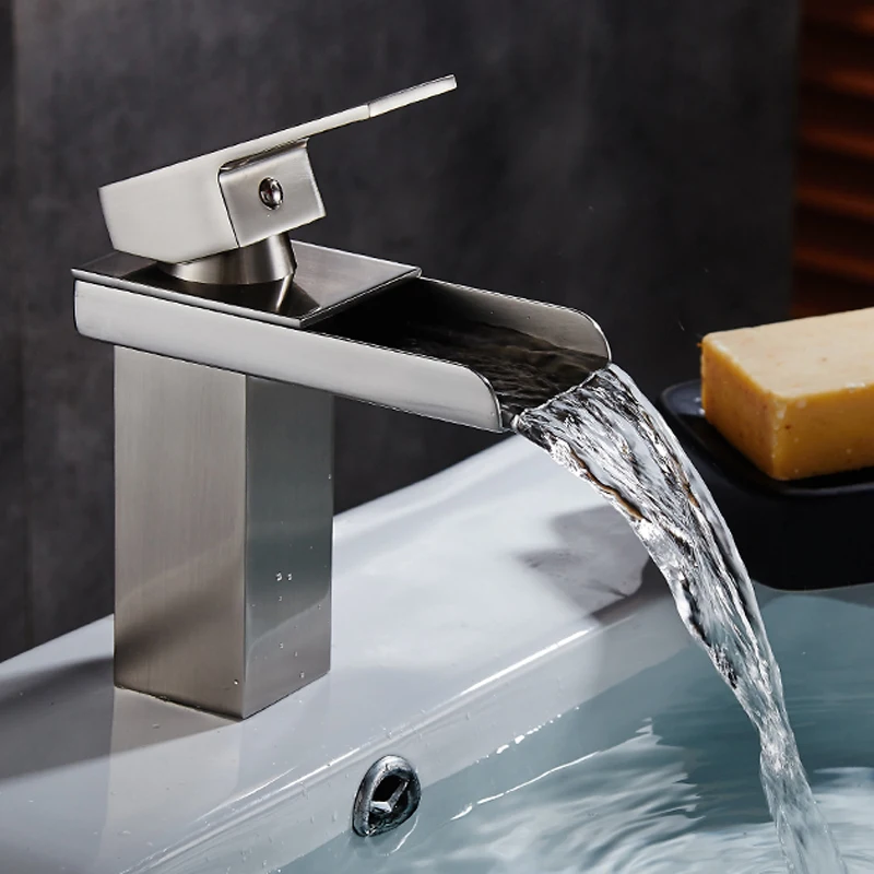 

Free Shipping Deck Mounted Waterfall Basin Faucet Single Handle Vessel Sink Mixer Nickel Brushed Finished