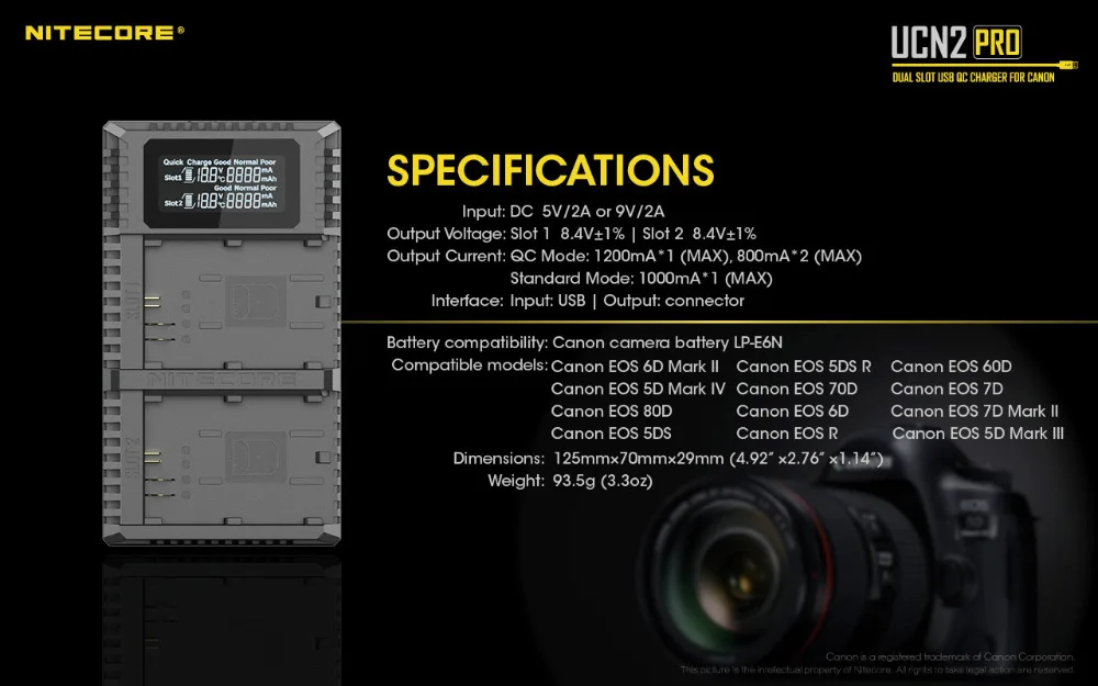 Nitecore UCN2 Pro Двойной слот USB QC камера батарея LP-E6 LP E6 LPE6 зарядное устройство для CANON DSLR EOS 60D 5D3 7D 6D 70D 5D Mark II