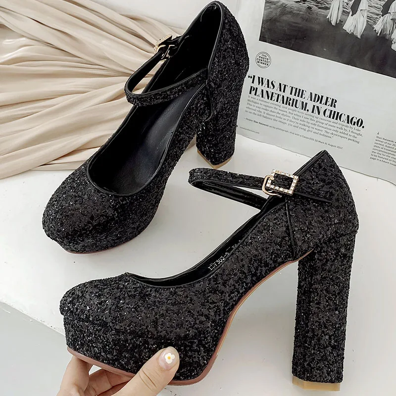 Wedding Shoes Woman Square High Heels Rubber Dress Party Mary Jane