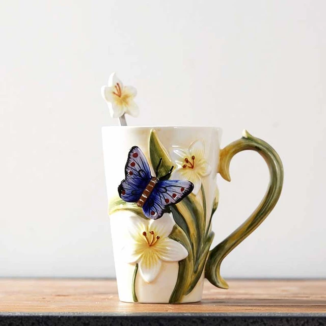 Spring Flowers with Hummingbird Fine Porcelain Latte Cups Tea Set