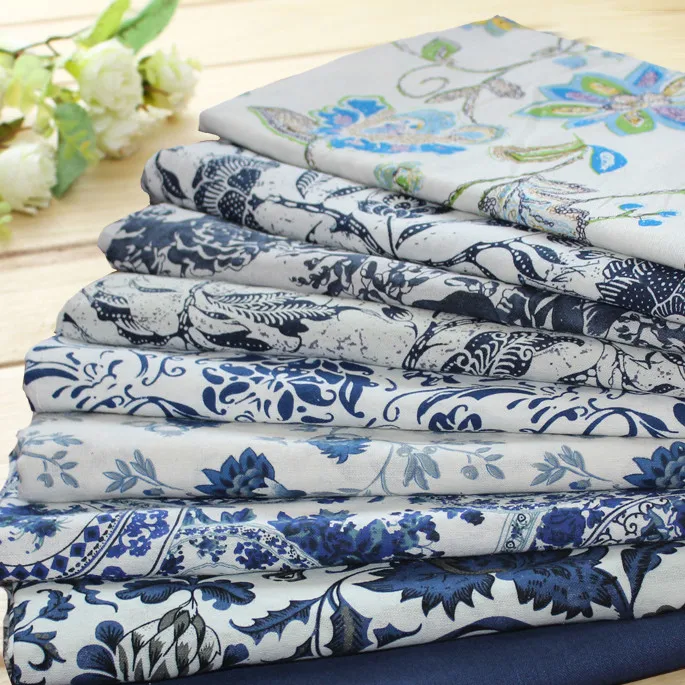 

50x140cm Blue White Porcelain Printed Linen Cotton Fabric Handmade Sewing Tissue Telas Para Patchwork Quilting Textiles