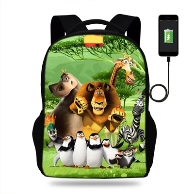 16-дюймовый шпилька милые школьные рюкзаки для девочек-подростков, Мадагаскар рюкзак для детей мальчиков зарядка через usb школьный рюкзак для детей, сумка для ноутбука - Цвет: N16K0422