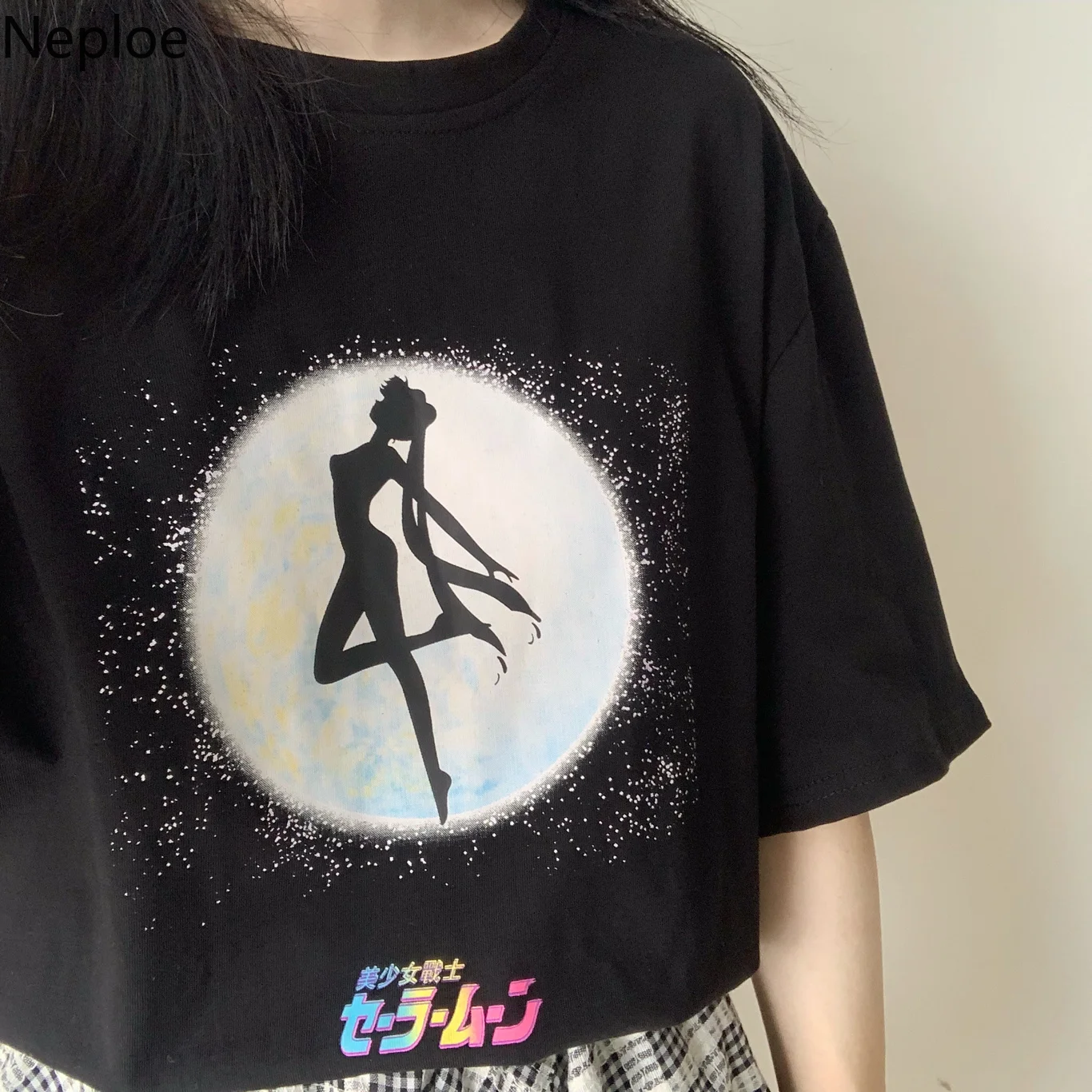 

Neploe Japanese Cotton Short Sleeve Tee Cartoon Sailor Moon Printed Tshirt 2019 Summer Black Women Causal Tops Shirt 52380
