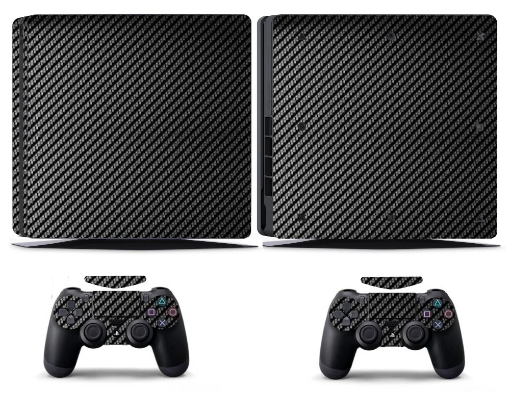 

Black Carbon Fiber PS4 Slim Skin PS4 Slim Sticker Vinly Skin Sticker for Sony PS4 Slim PlayStation 4 Slim and 2 controller skins