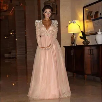 

Pink Muslim Evening Dresses Sexy A-line V-neck Long Sleeves Tulle Crystals Islamic Dubai Saudi Arabic Long Formal Evening Gown
