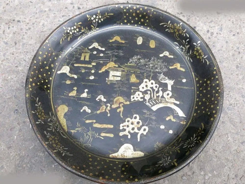 

13" China old handwork wood lacquerware pattern tray food compote dish Plate