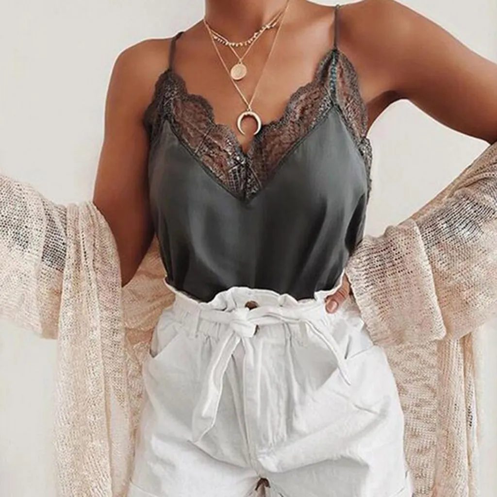 

Feitong Spring Summer Lady Tee Vest Women Crop Top Casual Lace Vest Sleeveless Clothes V-Neck Camisole Short Tank Tops Blouse