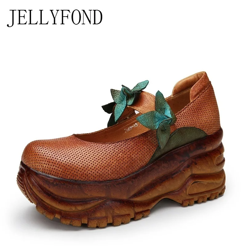

Handmade Genuine Leather Platform Wedge High Heels Shoes Woman 2018 Spring Vintage Style Cuts Out Retro Designer Pumps Big Size