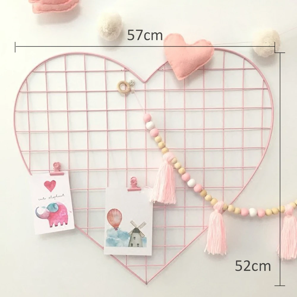 

Decorative Iron Wall Photo Grid Panel Multifunctional Heart-Shaped Rack Clip Painted Wire Photograph Picture Hanging Display
