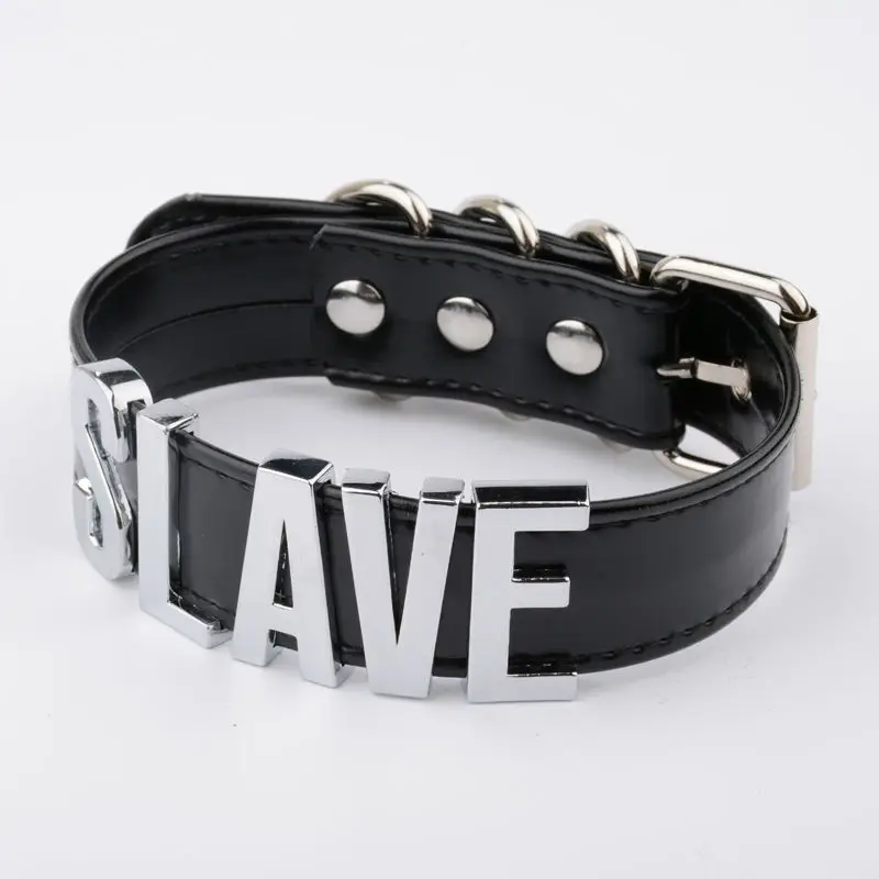 Comprar Gargantilla de letra personalizada negra hecha a mano con nombre de oro y plata Collar de esclavo para mujeres y niñas Bondage Cosplay fetiche