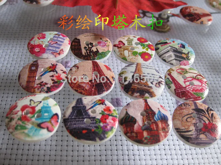 

4/5"&20mm round wood button randomly Tower Printed 150 pcs/lot sewing buttons for garment Garment scrapbooking accessories