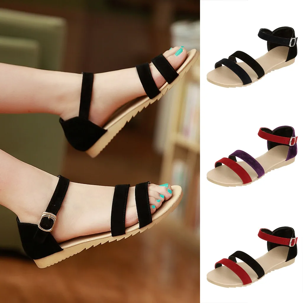 

Hot Sale Summer Women Sandals ladies sandals flat Contrast Sandals Flat Bottom Summer Belt Buckle Sandals sandalen 2019 #G