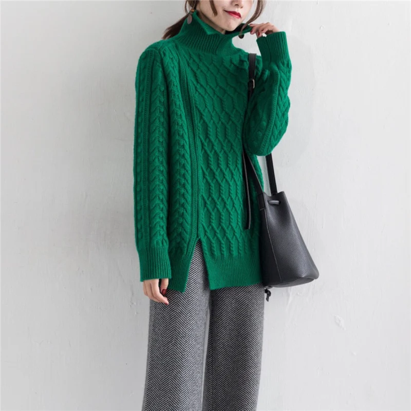  goat cashmere twisted thick knit women mid long pullover sweater high collar irregular length open-