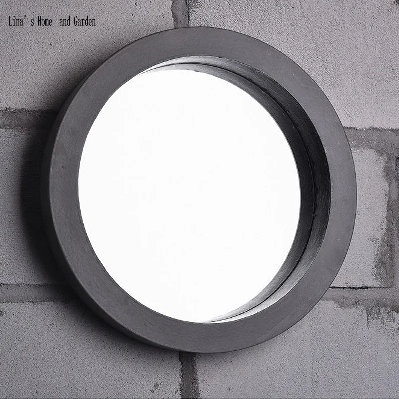 

cement alike antique round wooden framed wall mirror