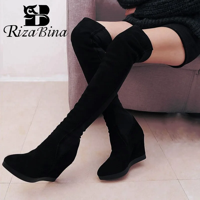 RizaBina Women Real Leather High Heel Wedges Winter Boots Women Over
Knee Boots With Warm Fur Inside Elastic Shoes Size 34-39