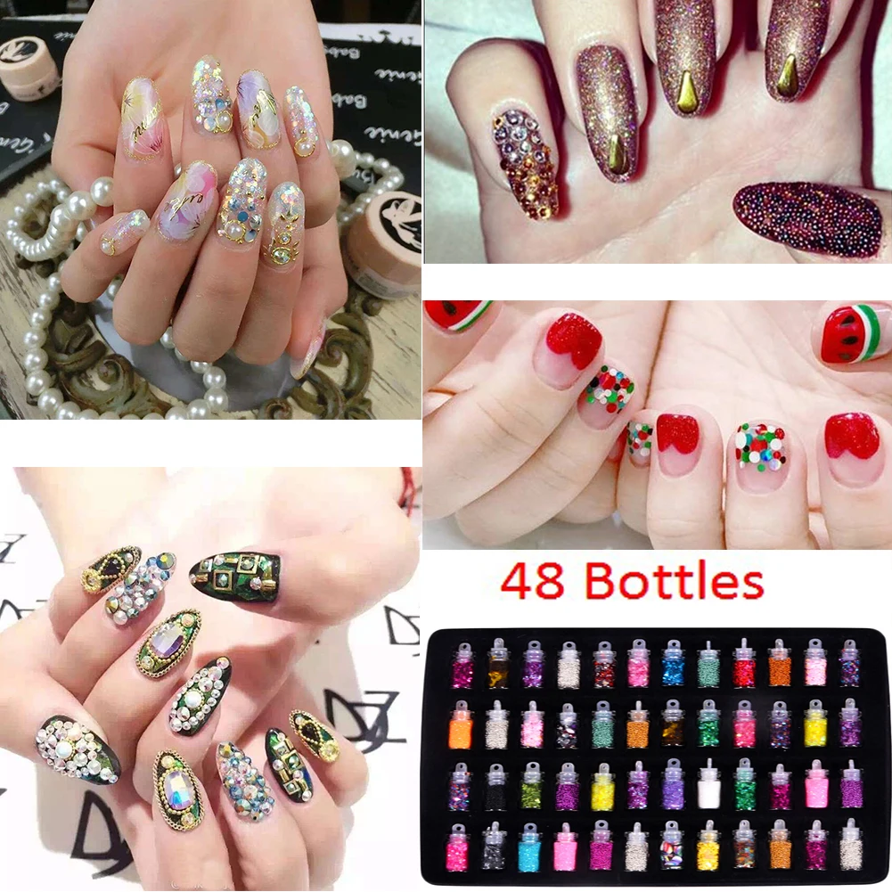 48 Bottles/Set Nail Art Decorations DIY 3D Crystal Nail Art Powder Sequins Glitter Manicure Tips Set Beauty Random Style