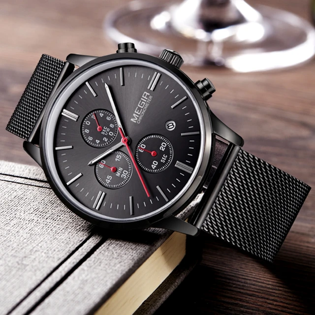 fashion luxury brand megir watches men stainless steel mesh band