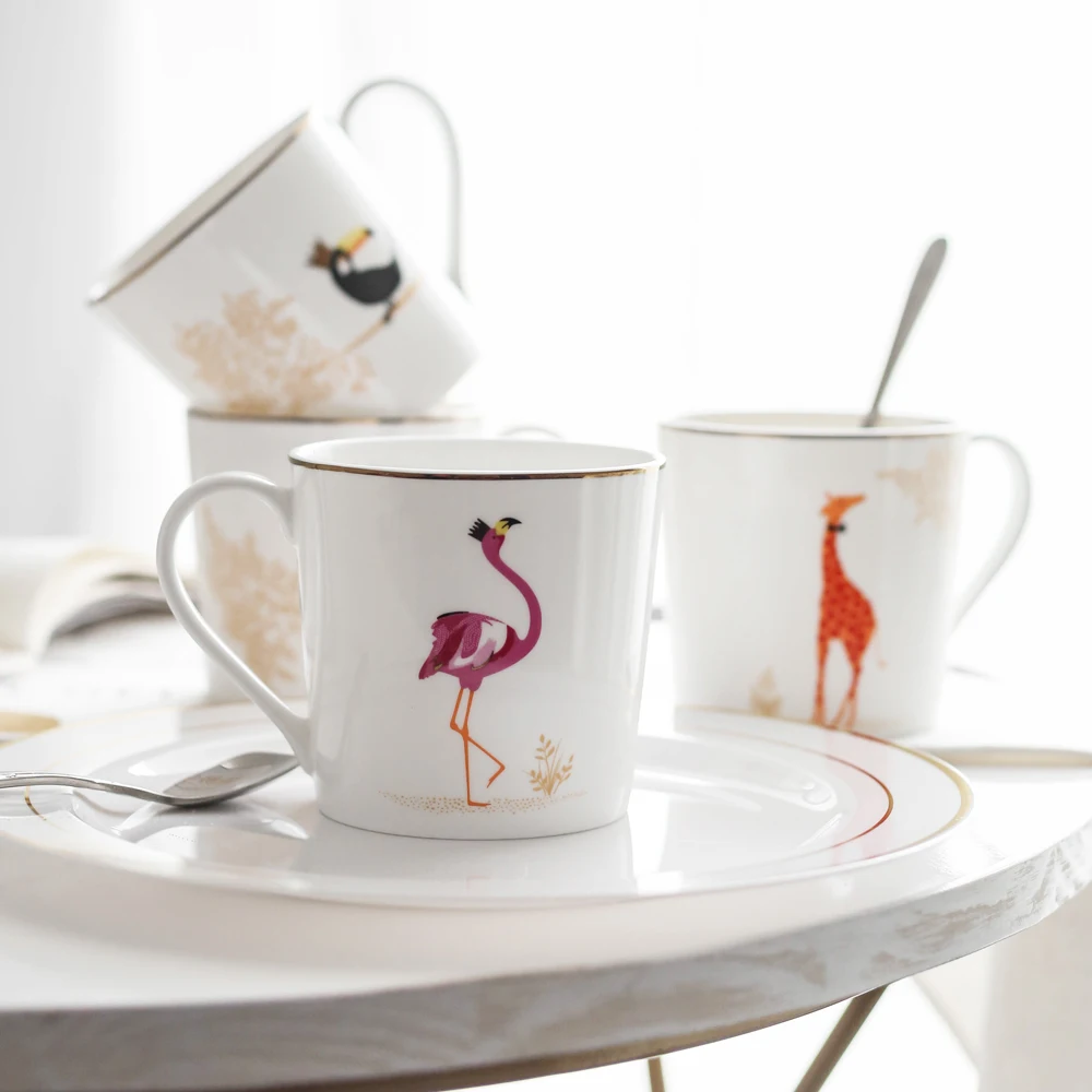 

15OZ 450ml White Coffee Mug Bone China Cup for Milk Cola Tea Printing Toucan Flamingo Owl Giraffe Birthday Gift DEC427