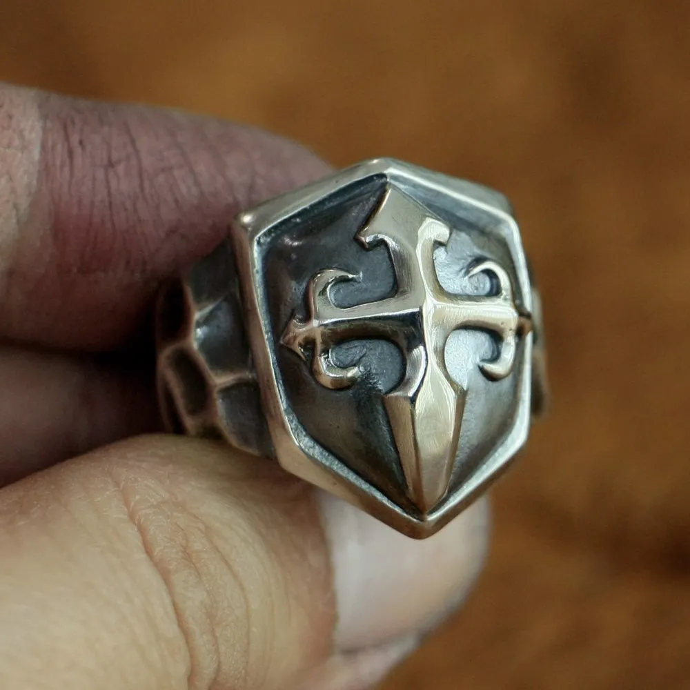 LINSION 925 пробы Серебряное кольцо ручной работы щит крест мужское байкерское панк кольцо TA92 Размер США 7~ 15