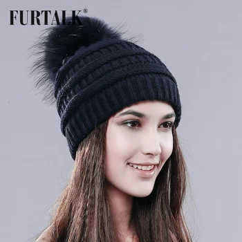 

FURTALK Winter Pompom Hat Women Knitted Beanie Hat with Raccoon Fur Pom Female Warm Winter Cap 2019
