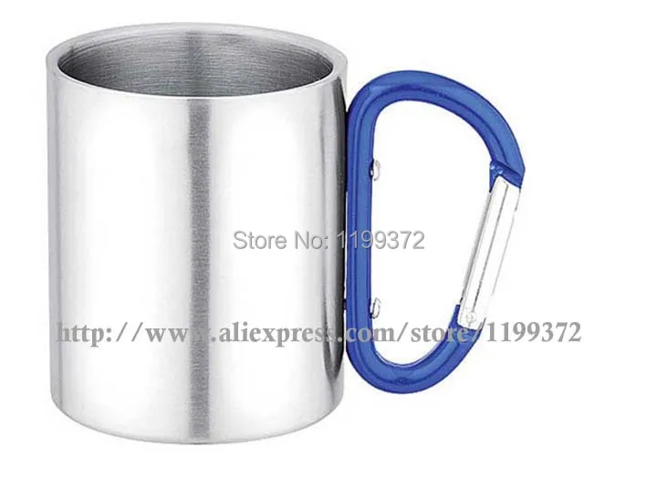 

50 X Free Shipping Carabiner Handle Cup And Double Wall Stainless Steel Mug 220ml Camping Clip Hook