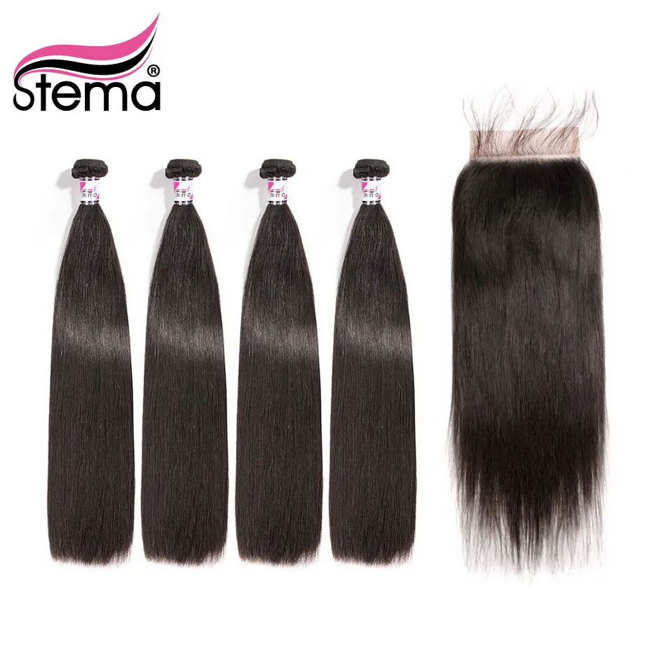 

Stema Straight Hair Bundles With Closure Brazilian Remy Human Hair Extension 4 Bundles With 5x5 Lace Closure With Baby Hair