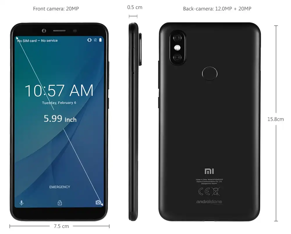 Xiaomi Mi A2 4G Phablet 5.99 inch Android 8.1 Snapdragon 660 Octa Core 2.2GHz 4GB RAM 64GB ROM 12.0MP + 20.0MP Rear Camera Fingerprint Sensor 3010mAh Li-ion Battery- Black
