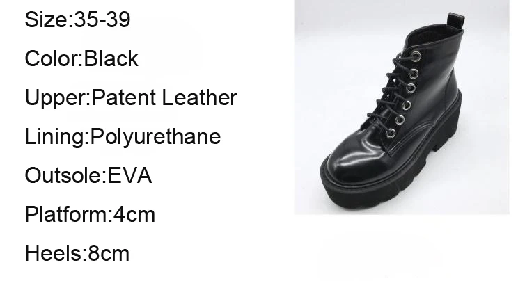 Negro Nuevos Plataforma Zapatos Ojales Botas Charol Punk Mujeres Grueso Invierno Encaje Talón Botines De Otoño Sólido Moto La gqr4qX
