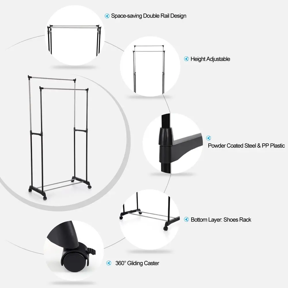 Металлический регулируемый двойной рельс для одежды, висячая стойка, дисплей, стенд, органайзер на колесиках, стеллаж для хранения обуви, сверхпрочный