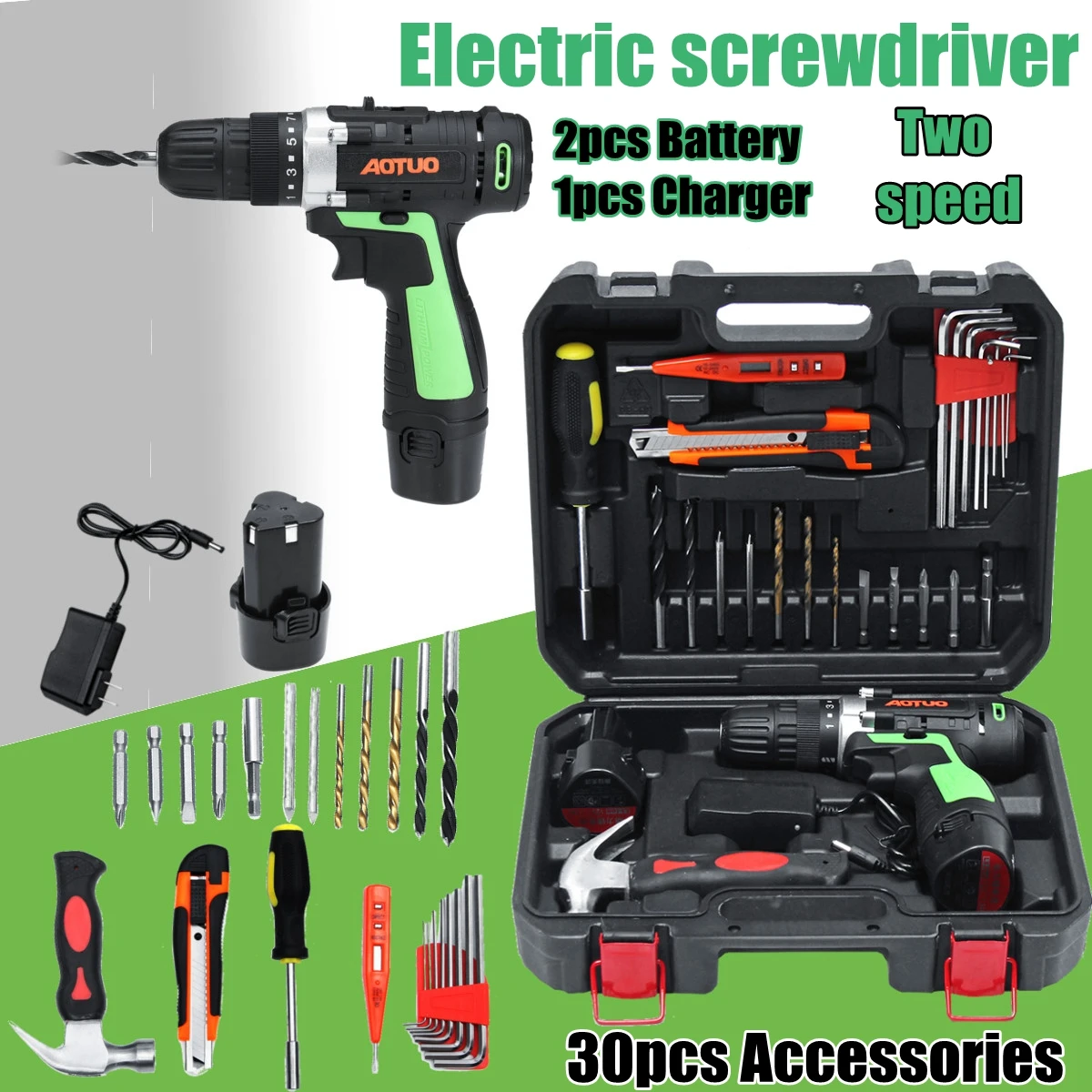 

Cordless 12V Electric Multi-function Screwdriver Single/Double Speed 34Pcs Set Household Power Tool with Case LED Light