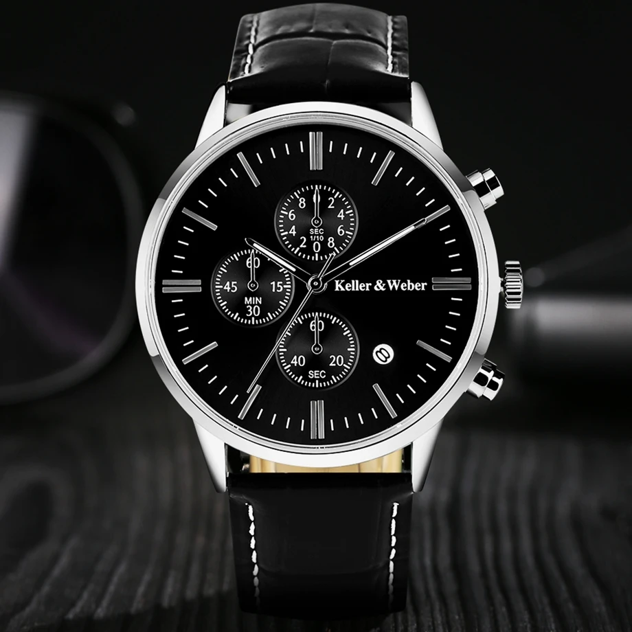 Keller & Weber Mens Watches 30m Waterproof Quartz Business Watches Date Display Genuine Leather Band Relogio Masculino Best Gift (1)