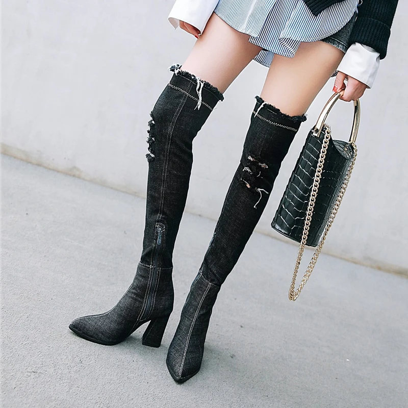 ASILETO/женские джинсовые сапоги; пикантные Сапоги выше колена; обувь на высоком каблуке; женские облегающие высокие сапоги; осенние джинсовые сапоги в западном стиле; ботинки