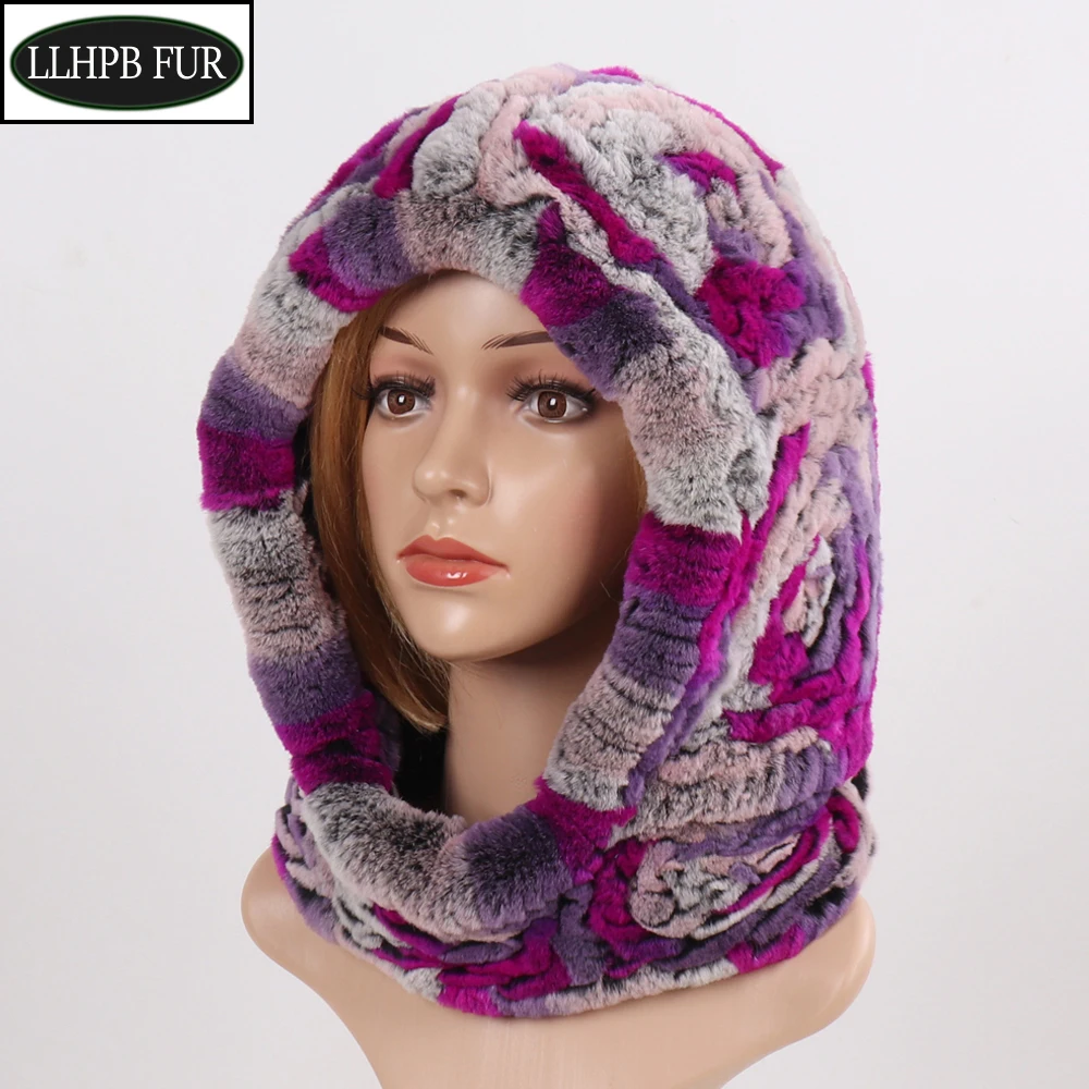 

Russia Winter Women Knitted Real Rex Rabbit Fur Hat Scarf Natural Soft Rex Rabbit Fur Cap Lady Warm 100% Genuine Fur Hat Muffler