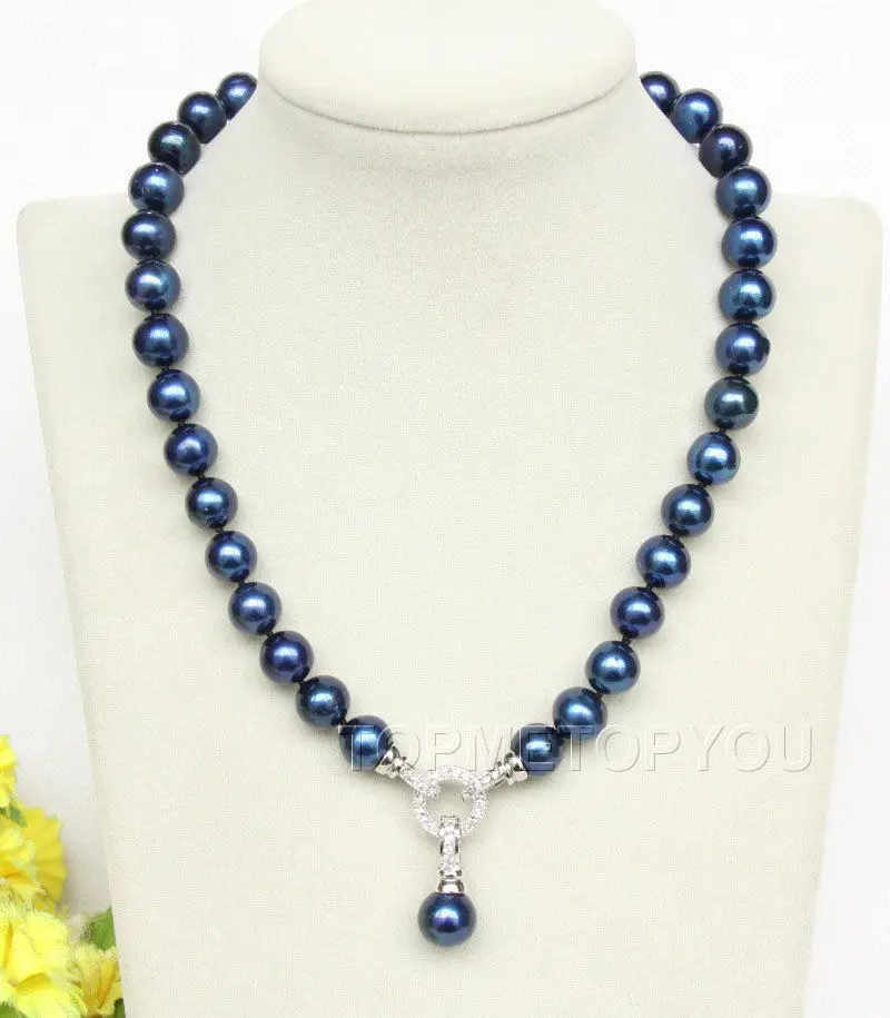 

wholesale 17" 10.5-11.5mm round blue navy pearls pendant necklace Platinum Plated clasp